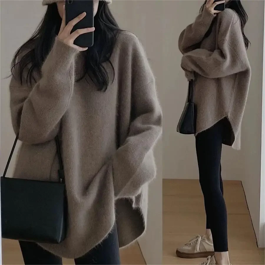 Pullovers Long Sleeve Knitted Jumper Women Sweaters Solid O Neck High Street Spliced Slight Strech Loose Fit Sweater Autumn