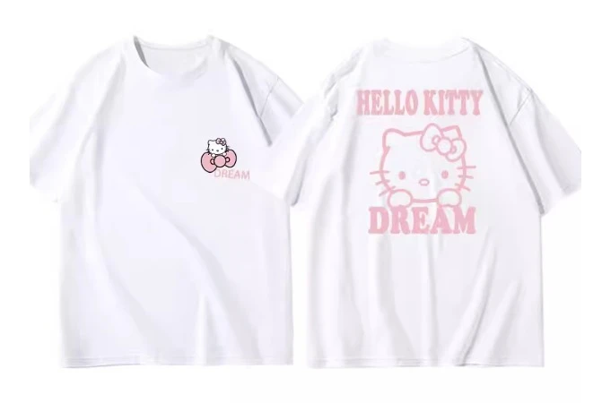 

2026Hello Kitty Sanrio fun print cotton T-shirt summer cartoon design kids round neck fashion loose casual wear