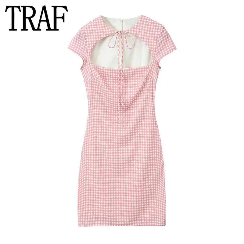 TRAF-minivestido rosa a cuadros para mujer, Vestido corto con lazo recortado, manga corta, ceñido al cuerpo, Sexy, verano, 2024