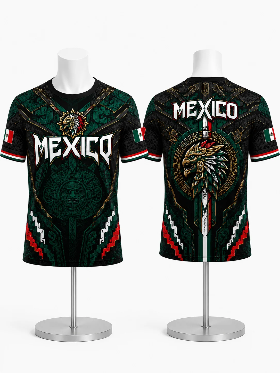Unisex Mexico National Soccer Jersey Green Black Aztec Eagle Warrior Mayan Calendar Tribal Pattern Short Sleeve Breathable