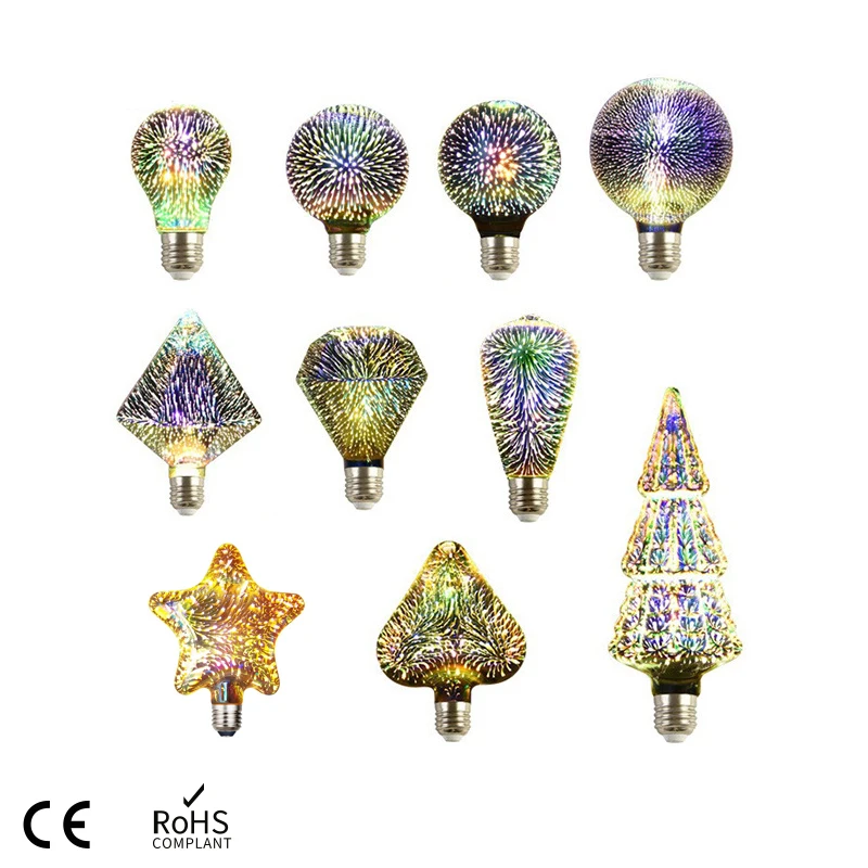 LED 3D Fireworks Efeito Vintage Lâmpadas Incandescentes Retro Edison Lâmpada E27 85-265V Decoração Lâmpada A60 ST64 G80 G95 G125