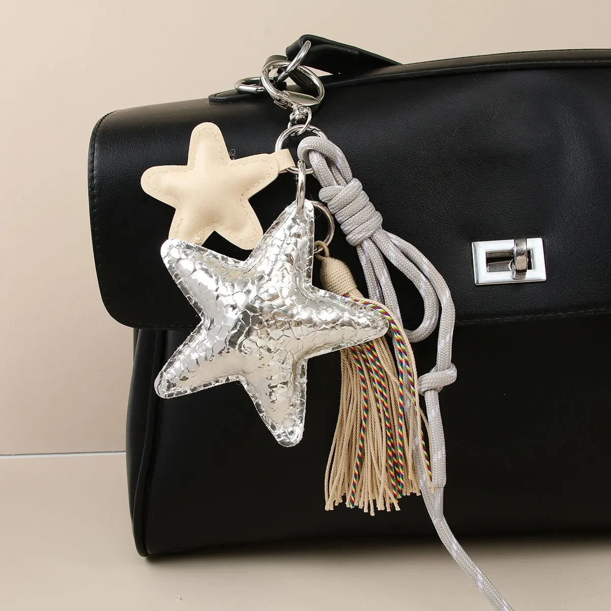 Star Leather Fringed Keychain Hand Braided Rope Roman Knot Keychain Accessories Bag Charms Pendant Gifts for Girlfriend