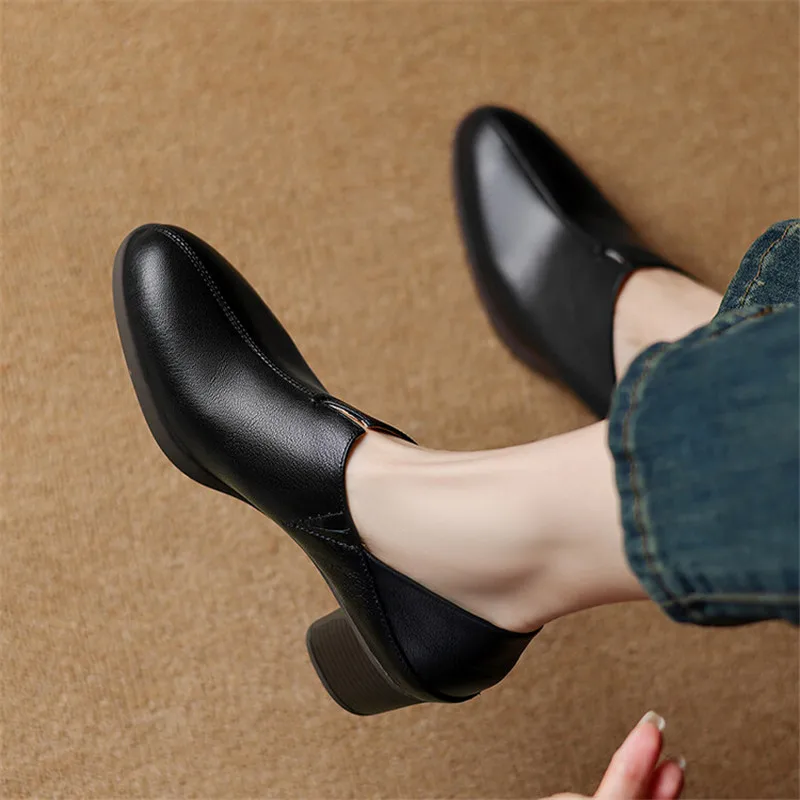 New Autumn Genuine Leather Women Shoes Fashion Round Toe Casual Shoes for Women Chunky Heel Shoes Women Pumps Zapatos De Mujer