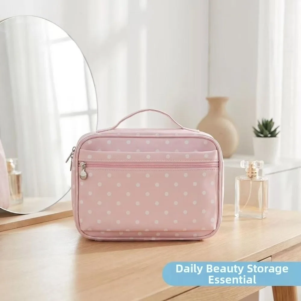 Large Capacity Handheld Makeup Bag PU Leather Polka Dot Portable Toiletry Pouch Waterproof Sturdy Handle Travel Wash Pack