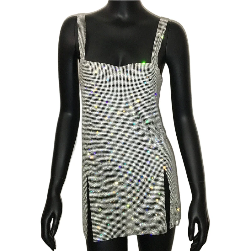 Glitzerndes Strass-Mesh-Minikleid für Damen – Sexy, geschlitztes, ärmelloses, rückenfreies Bodycon-Kleid für Club, Party und Abend – Neu 2026 – Bodycon-Nachtkleid – Detail 10