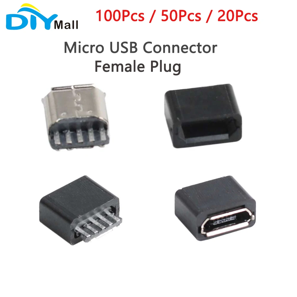 DIY Micro USB Connector 5P 5Pin Female Plug with Welding Wire Type with Black Shell 100 / 50 / 20 Pcs