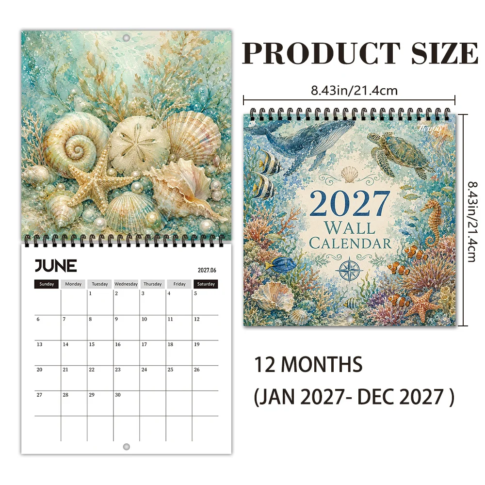 1pc 2027 Wall Calendar, Marine Life Theme, 12-Month Monthly Planner, Perfect Gift For Back-to-School Season, Christmas, New Year