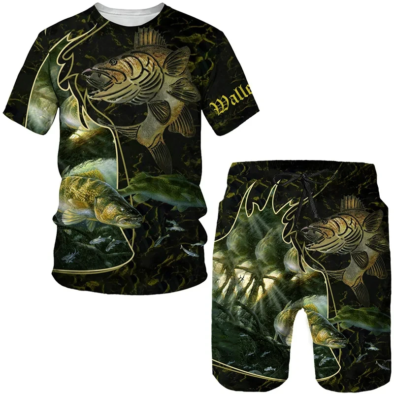 Summer Carp Fishing Pattern Men\'s T Shirt+Shorts 2PCS Outfits Casual Shorts Sets 3D Print Oversized Man Clothes O-Neck Tracksuit