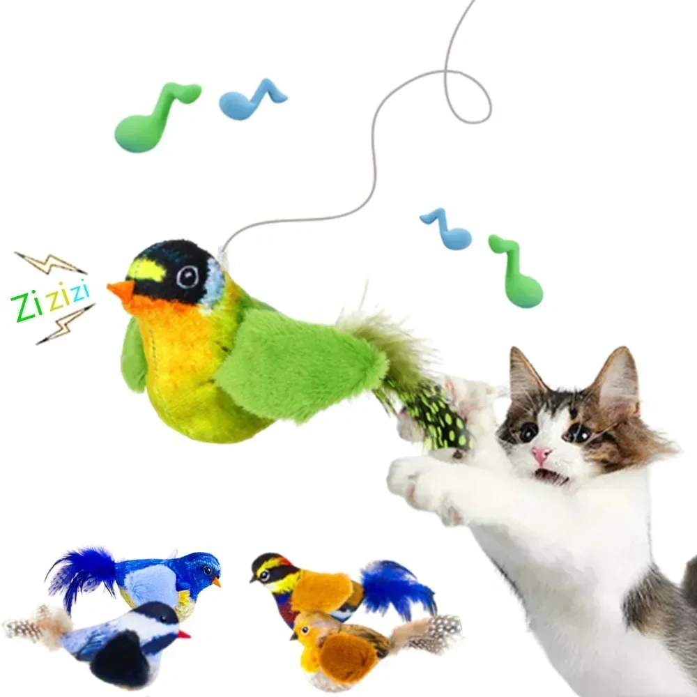 Interactive Cat Toys Simulation Bird Sound Stuffed Toy with Feather Catnip Hanging Squeaky Kitten Chirping Bird Toy Pet Supplies