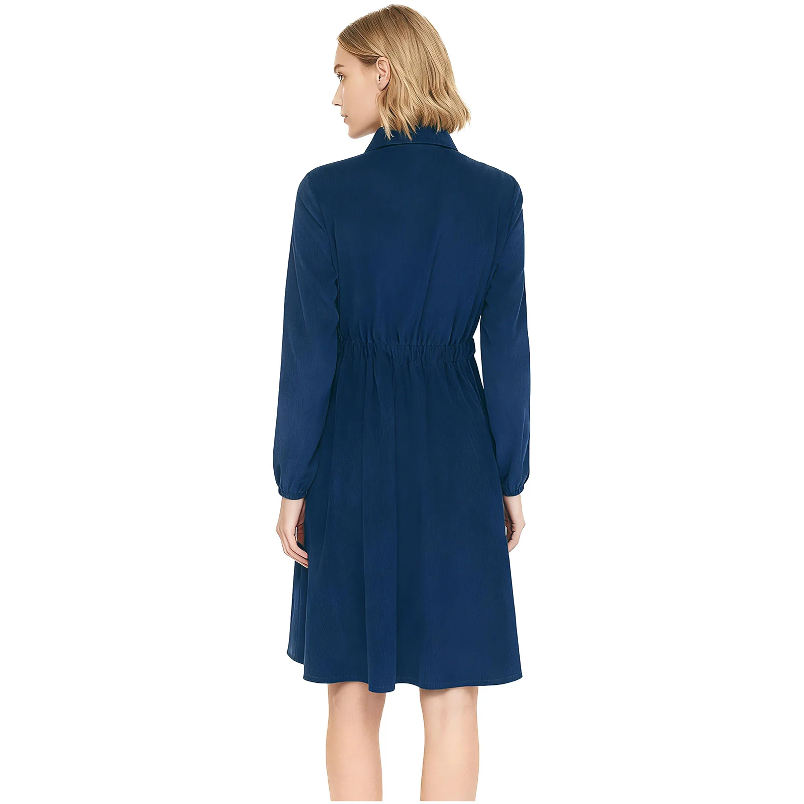 فستان نسائي قصير بقميص طية صدر السترة وأكمام طويلة وزر أمامي وخصر مطاطي بطول الركبة فستان للمكتب والعودة اليومي غير الرسمي