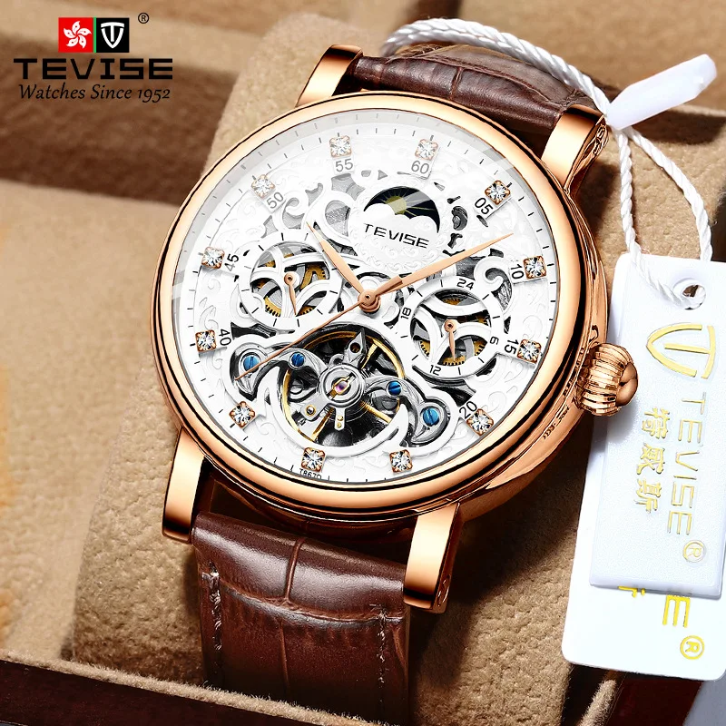 

official-websiteTevise Casual Fashion 's Leather Belt Diamond Studded Hollow Automatic Mechanical Watch Men