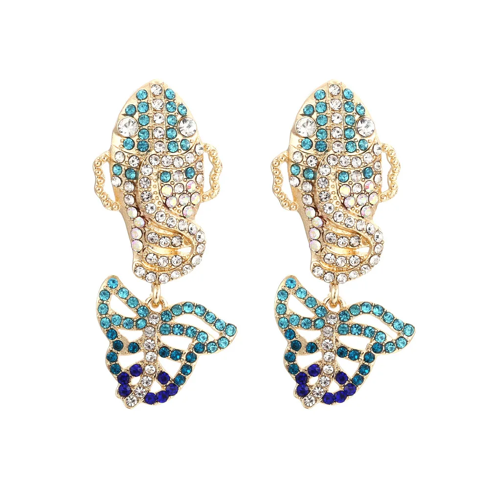 New super flash diamond butterfly fish earrings fashion temperament design sense alloy diamond animal earrings