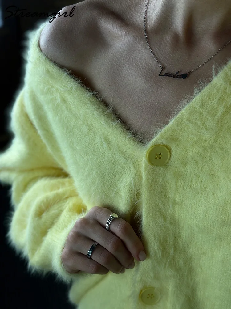 Women's Oversize Faux Mink Cardigan - Yellow Knitted Coat