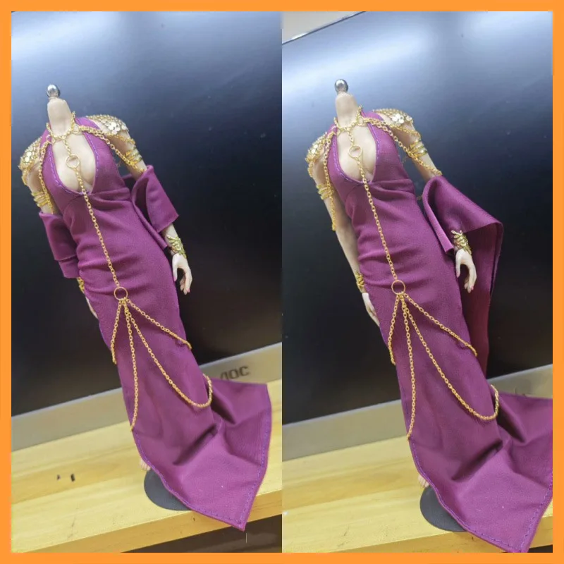 

In Stock 1/6 Scale Purple Sexy V-neck Tight Gold Shawl Chain Long Skirt Fit 12inch Action Figure Model Toys For Fans DIY