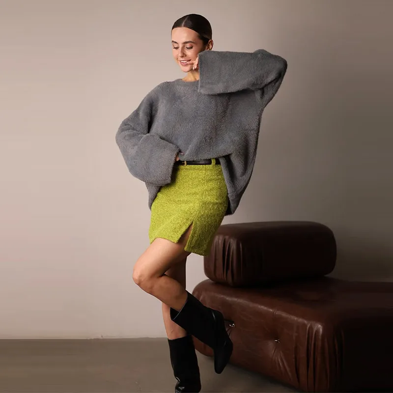 Seitlich geschlitzter Wollrock für Damen, sexy, hohe Taille, Hüftbetonter A-Linien-Minirock, schicke Damenmode für den Herbst, vielseitig kombinierbar für Partys. – Detail 4