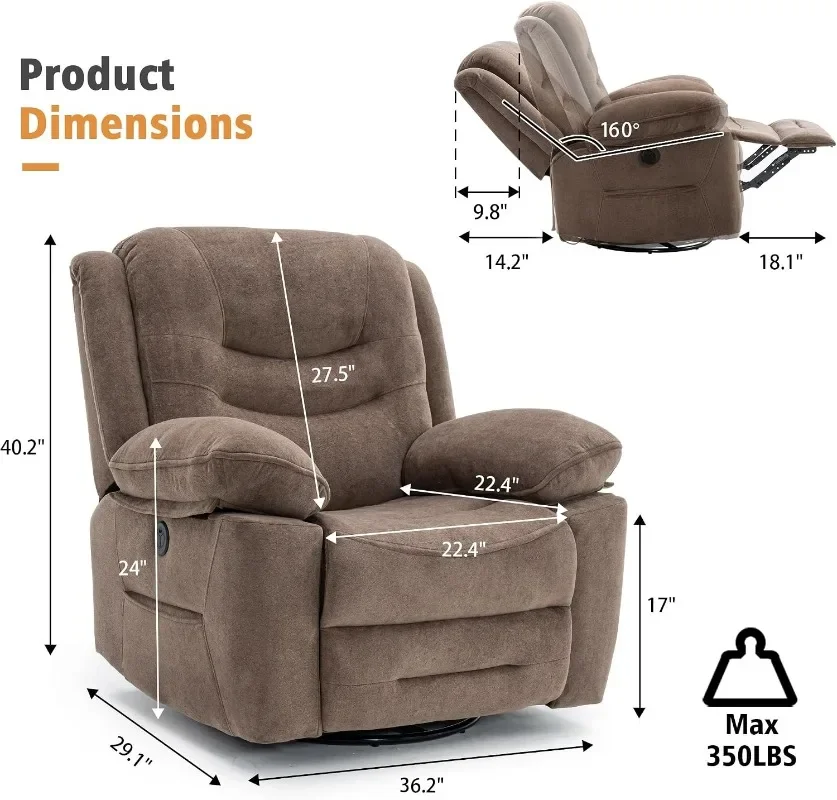 Ketaiyou Power Swivel Rocker Recliner with Massage and Heat, USB Port, Infinite Position, Oversized Electric Glider Rocking