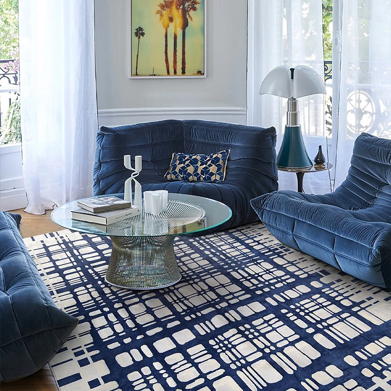 

Living Room Carpet Vintage Blue Geometric Striped Plaid Carpets Machine Washable Rug Home Decoration Rugs for Bedroom Floor Mat
