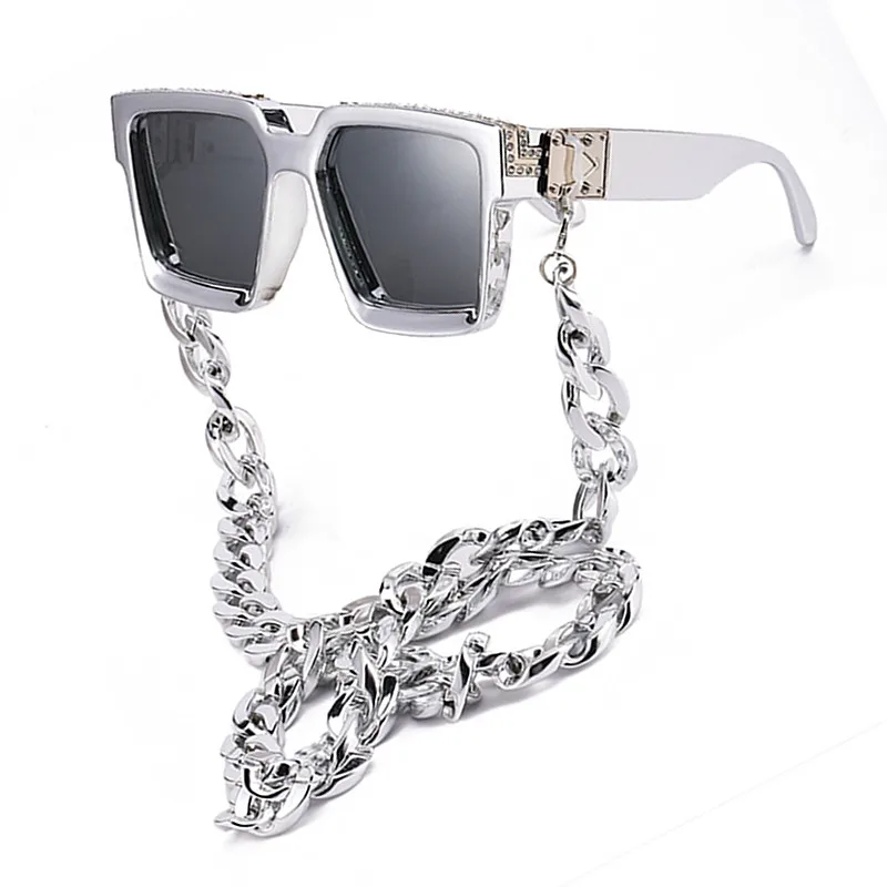 New Diamond-encrusted Large Thick Frame Square Sunglasses Women Golden Chain Millionaire Sunglasses for Men Shades UV400 Glasses