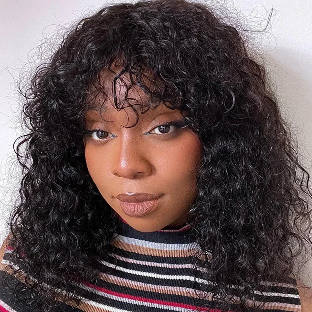 Curly Human Hair Wigs Machine Made Scalp Top Wig With Bangs  200% Density Shoulder-Grazing Curly Wig with Wispy Bangs