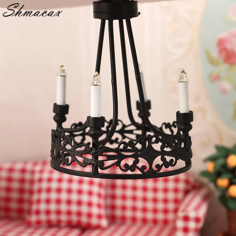 1:12 Dollhouse Miniature LED Light Wall Lamp Black Four-head Round Chandelier Home Lighting Model Furniture Decor Toy