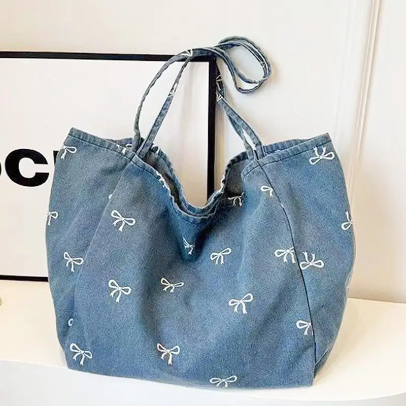 Hochwertige Denim-Canvas-Tasche, Damen-Schultertasche mit Schleife, süß und vielseitig, große, lässige Umhängetasche – Detail 5