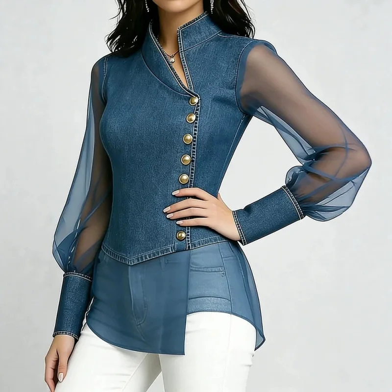 New Autumn Fashion Casual Long Sleeve Turtleneck Solid Color Slim Fit Single Breasted Splicing Organza Denim Shirt