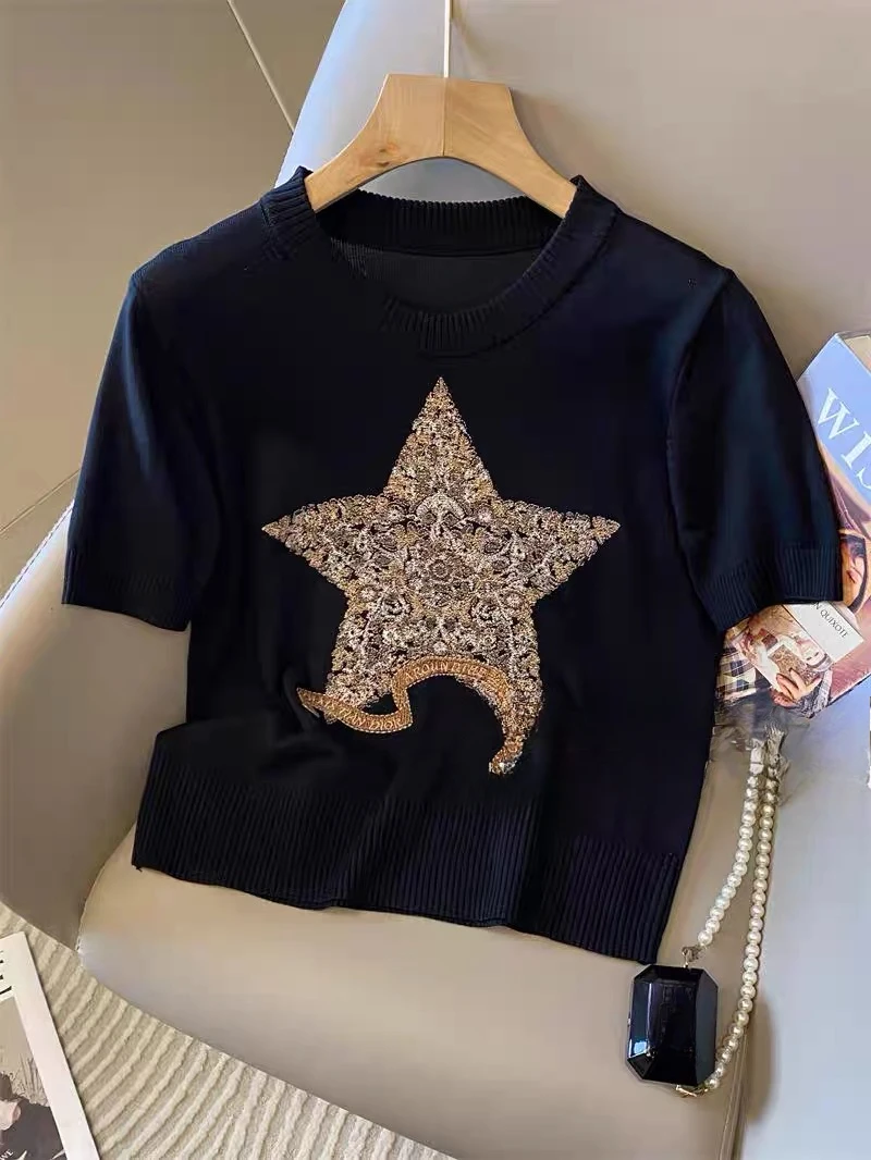 Fünfzackiger Stern bestickter Kurzarmpullover für Damen, gestricktes T-Shirt, Frühling, Sommer, 2025, modische weiße Strickwaren, Tops, T-Shirts