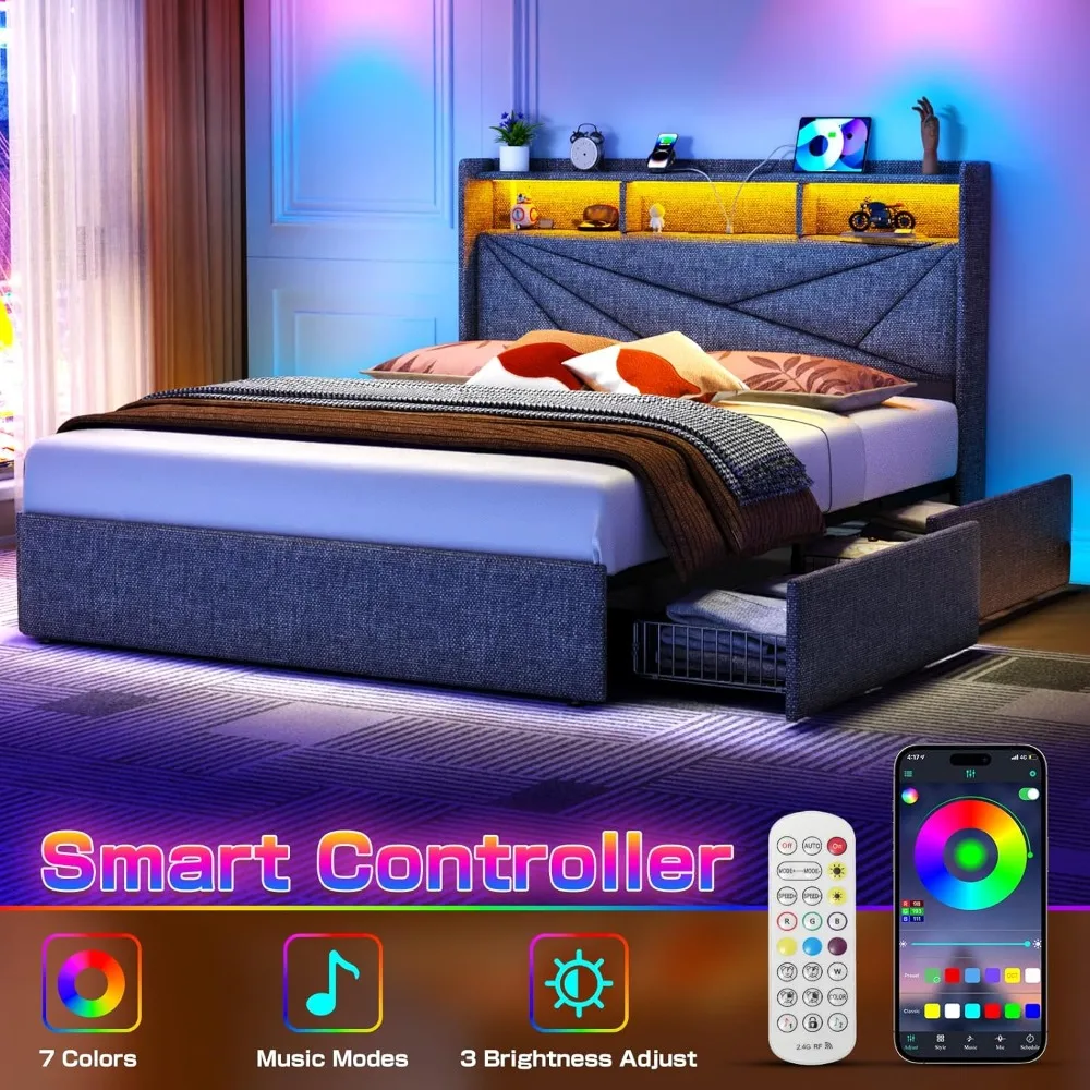 إطار سرير منجد بحجم كوين مع 4 أدراج تخزين ولوح رأسي بإضاءة LED ومحطة شحن