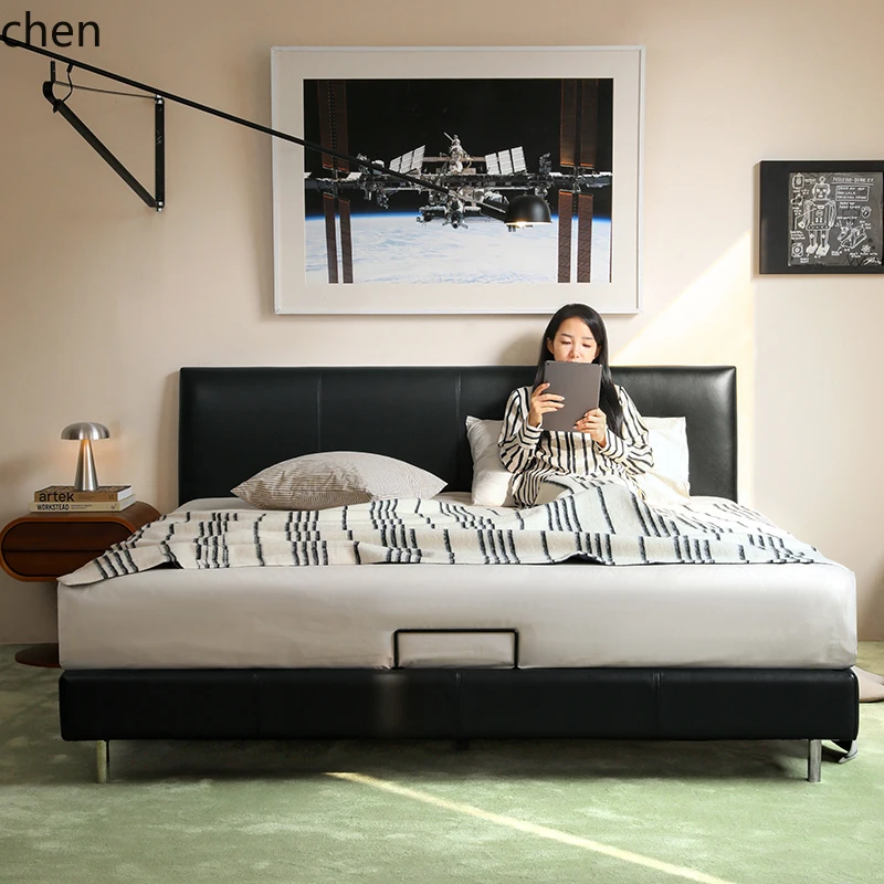 ZML Vintage Retro Style Full Edge Genuine Leather Double Bed with Soft Thin Backrest