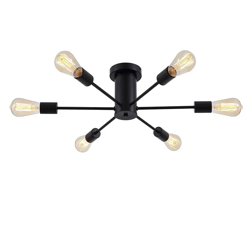 6-Light Semi-Flush Mount Plafondverlichting Keuken Verlichting Messing Goud En Mat Zwart Metaal Plafondlamp Voor Slaapkamer Woonkamer