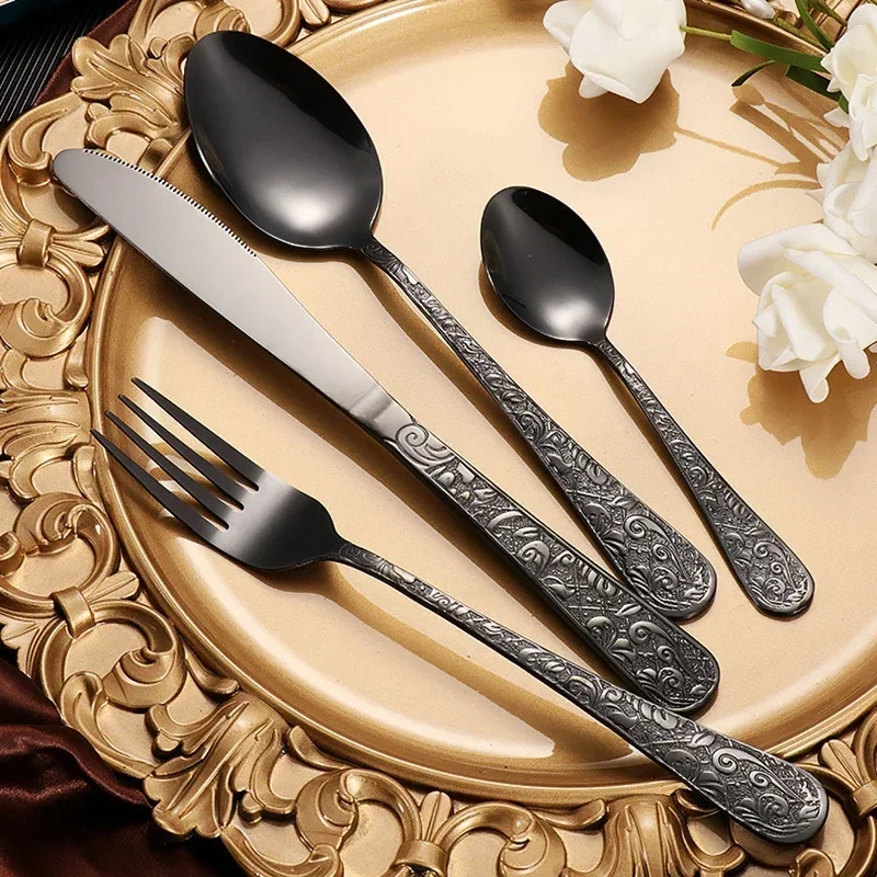 24pcs Golden Spoon Knife Fork Set Luxury Stainless Steel Tableware Set High-end Retro Complete Cutlery for 6 People Home Decor