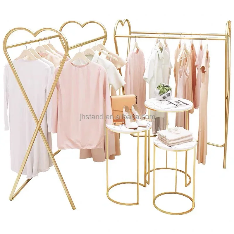 Apparel Retail Store Interior Design Golden Clothing Rack Nesting Display Tables Set Metal Garment Display Stand