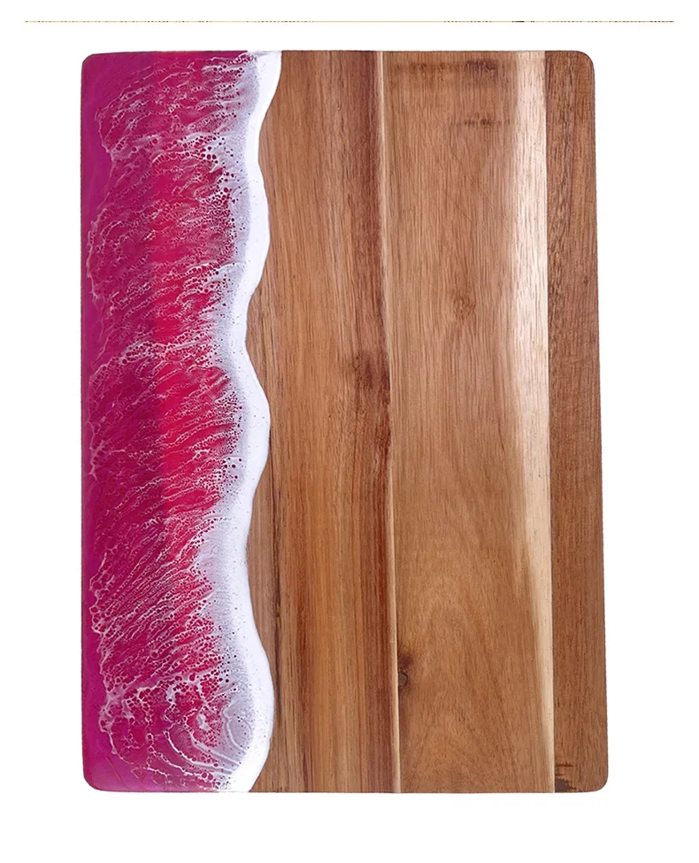 Tabla de cortar de madera de Acacia con resina rosa ondulada, sartén oceánica de resina epoxi para cocina, bandeja para servir preparación de comidas, tabla de queso versátil