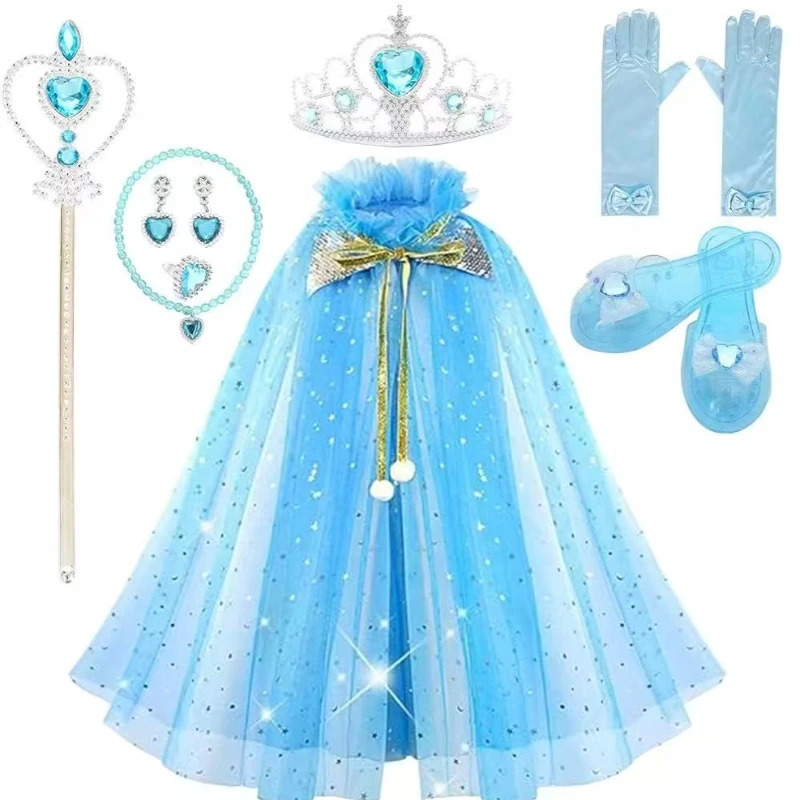 Disfraz de Hada de Invierno con Lentejuelas, Capa de Tul Azul, Cetro de Cristal con Corazón para Niñas, Joyería a Juego, Guantes con Lazo Largo, Zapatos de Princesa