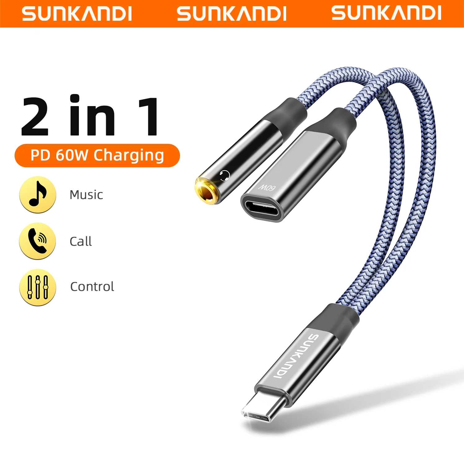 SUNKANDI 2 in 1 Type C to 3.5mm/USB C AUX Cable Headphone Adapter PD 60W Fast Charging for iPhone17 16 15 Samsung Tablet