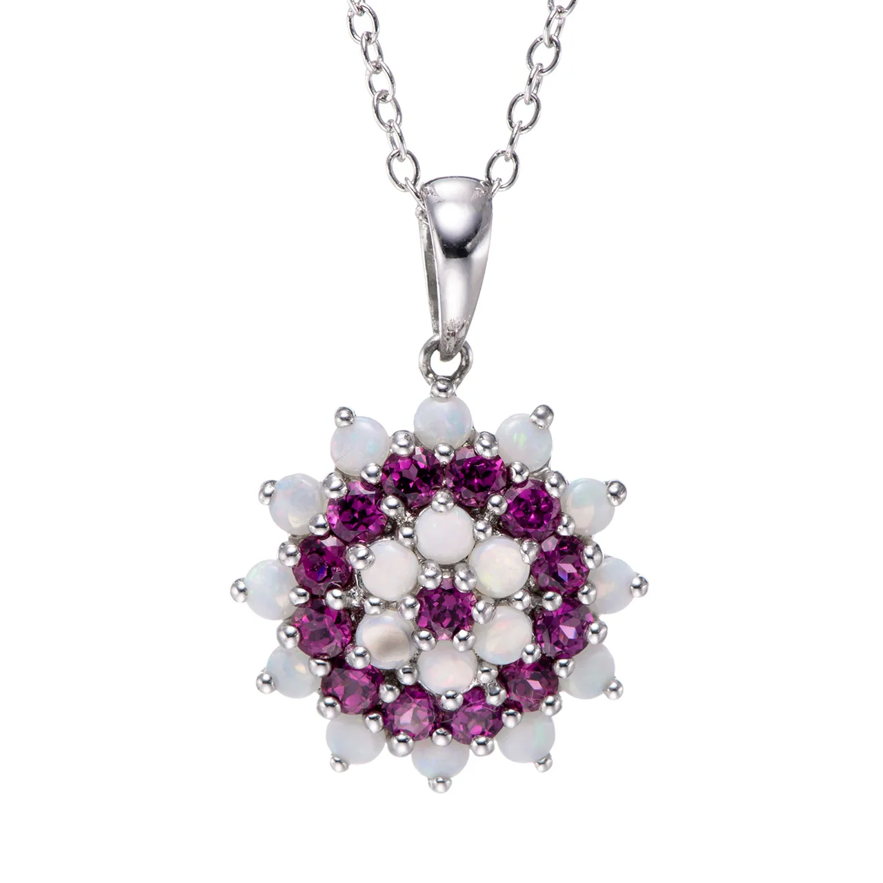 

Opal and Rhodolite Rhodium Over Sterling Silver Pendant with Chain