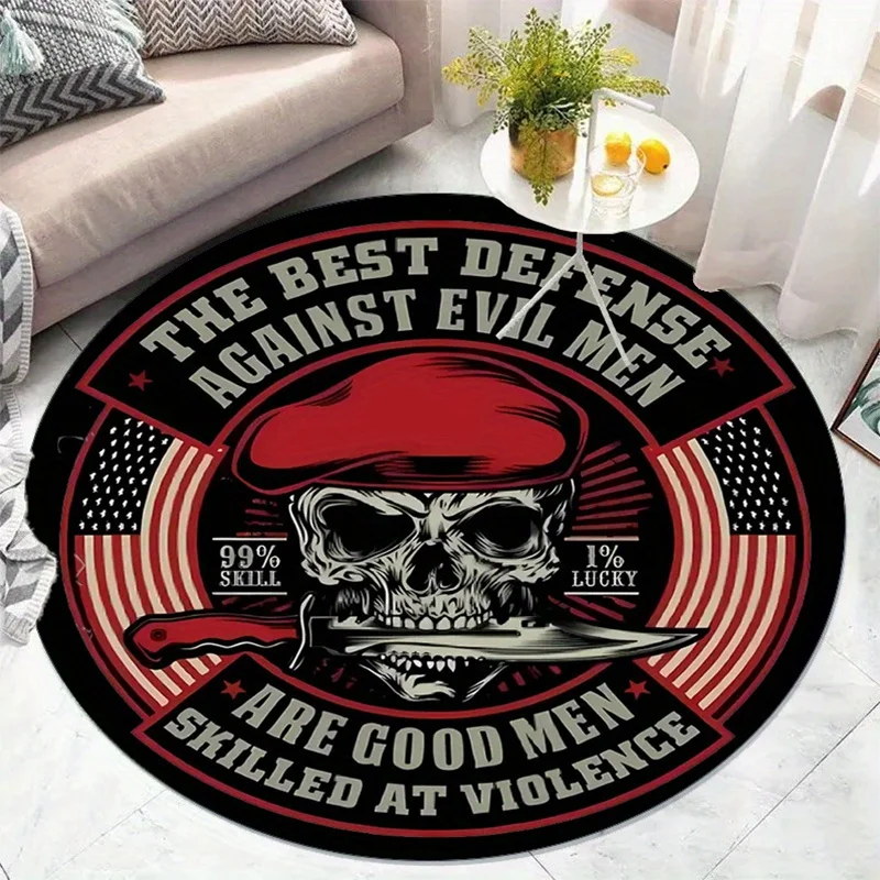 Skull and Knife Round Rug American Flag Design 99 Skill 1 Luck Decorative Floor Mat for Bedroom Living Room Home Decoration