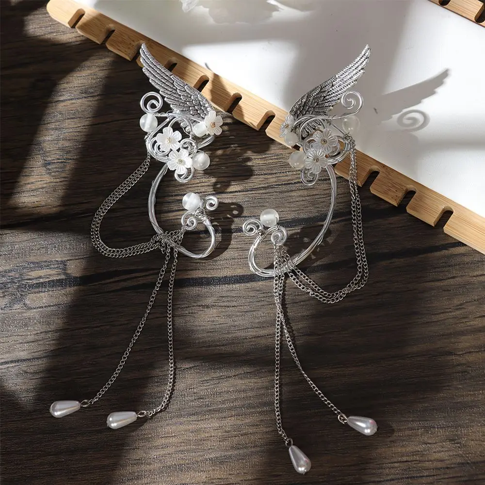 1 Paar Charm-Feen-Ohrenmanschetten mit langen Quasten, Elfenflügeln und Harzblumen, ohne Piercing, Elfen-Clip-Ohrringe für Damen, Cosplay, Cospla – Detail 4