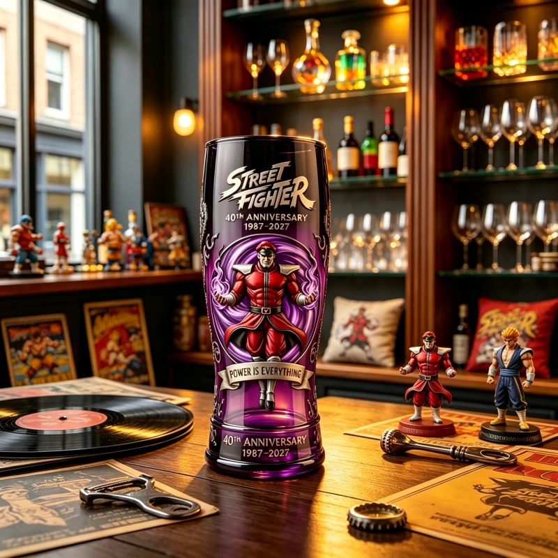 Vaso de Vidrio Conmemorativo del 40 Aniversario de Street Fighter 1987-2027, M. Bison "El Poder Es Todo", Vaso Coleccionable