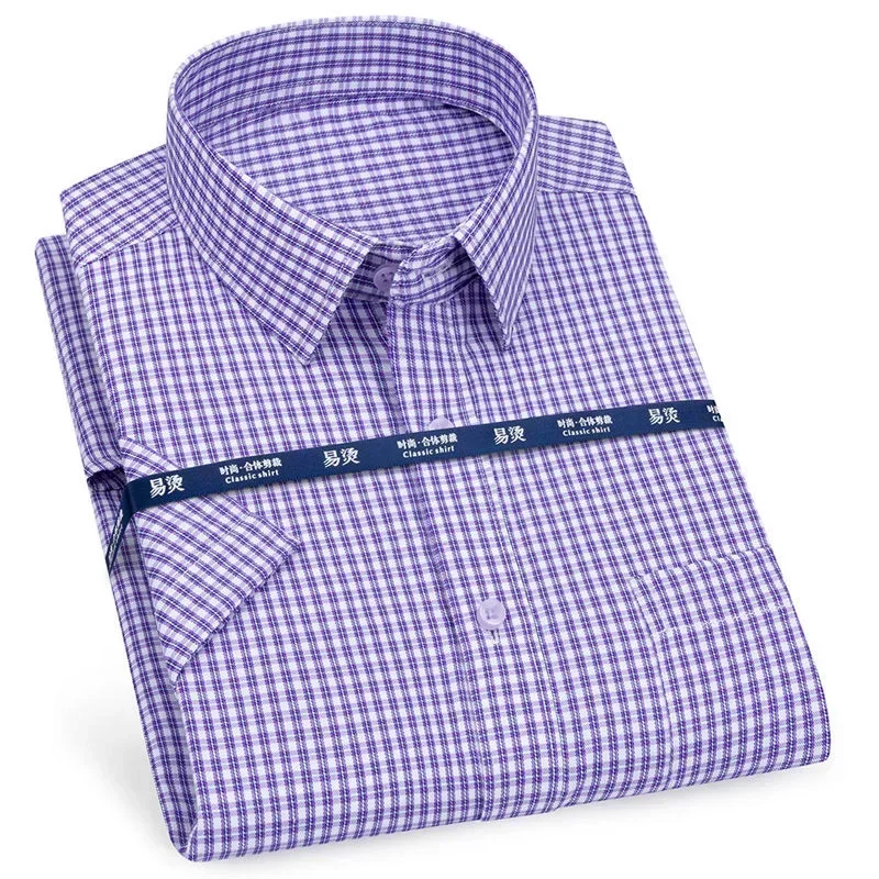 

Mens Short Sleeve Shirt Business Casual Classic Plaid Striped Checked Male Social Dress Shirts Purple Blue Beach Quality Shirts