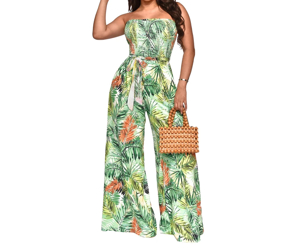 

Summer Popular Colorful Printed Waist Tied Loose Casual and Elegant Vacation Style Strapless Women's Jumpsuit