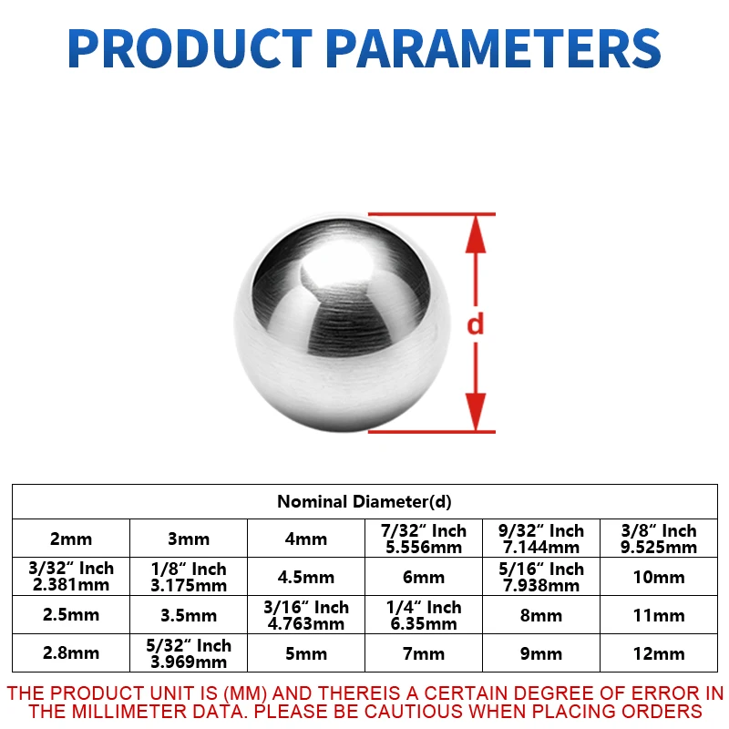 High Precision AISI 304 Stainless Steel Solid Bearing Balls, Polished Smooth Metal Sphere Round Bead Dia 2mm‑12mm 1/8