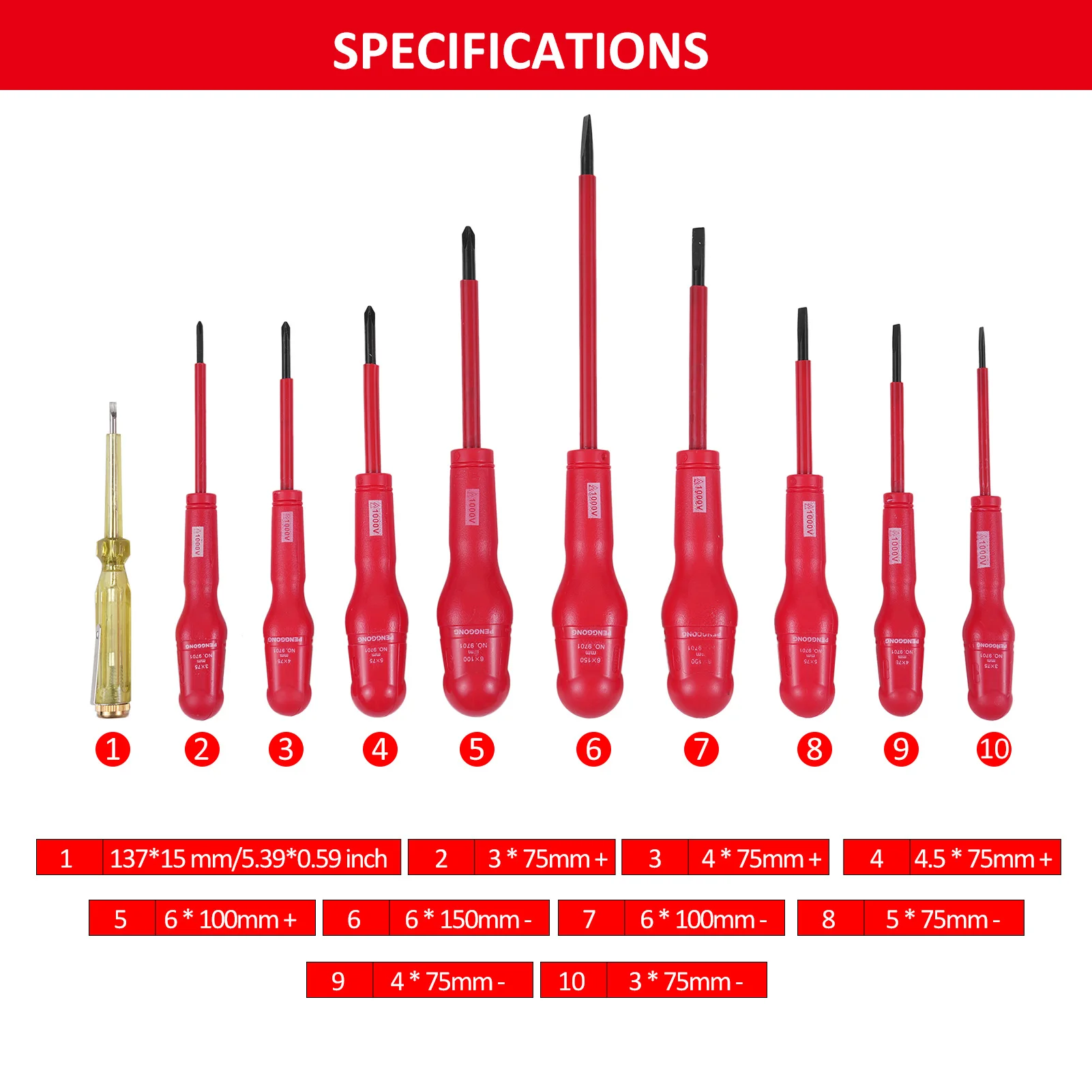 طقم مفك براغي معزول البطريق ، مفكات فيليبس مشقوق مع قلم رصاص اختبار ، 1000 فولت ، مناسب للكهربائي #5
