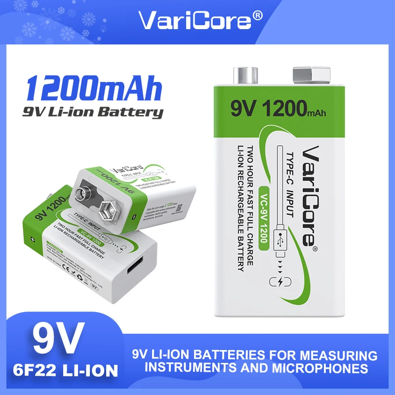 VariCore 1200mAh 9V 리튬 이온 배터리 6F22 9V 충전식 배터리 USB 마이크 멀티 미터 RC 장난감 온도 총
