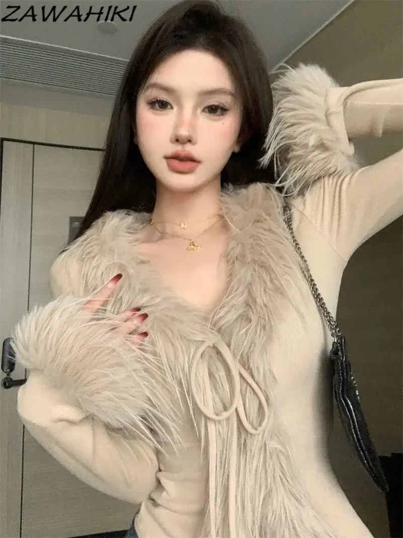 T Shirt Women Fall Winter Faux Furry Solid Color Soft Knitted V-neck Bandage Cardigan Long Sleeve Y2K Designed Vintage Aesthetic