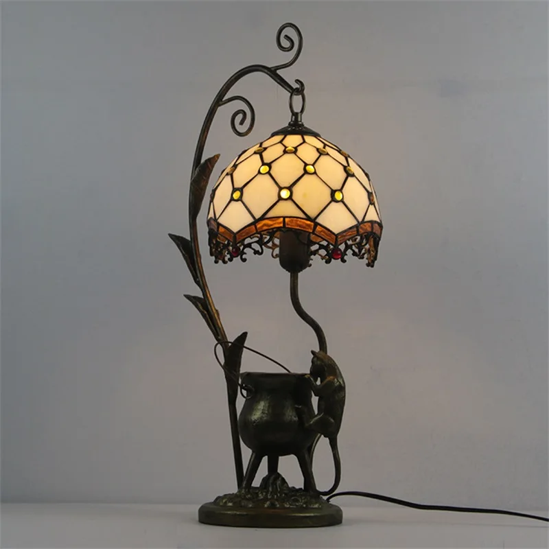 Hongcui Tiffany Table Lamp LED Vintage Color Glass Creative Cat Desk Light Fashion Decor For Home Hotel Bedroom Bedside