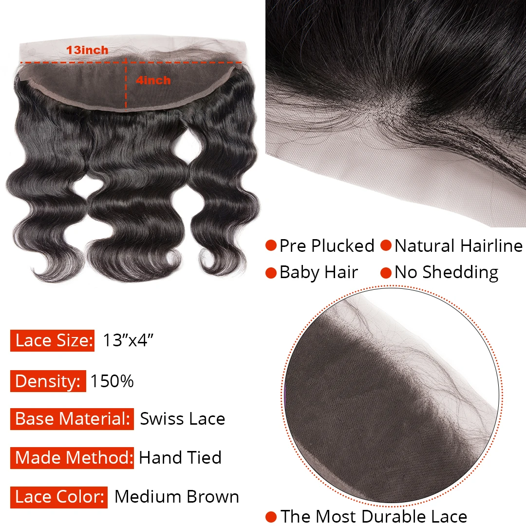 Tissage en lot brésilien naturel vierge avec Frontal Body Wave 30 pouces, lots de 3 4, avec Lace Closure, 4x4 5x5