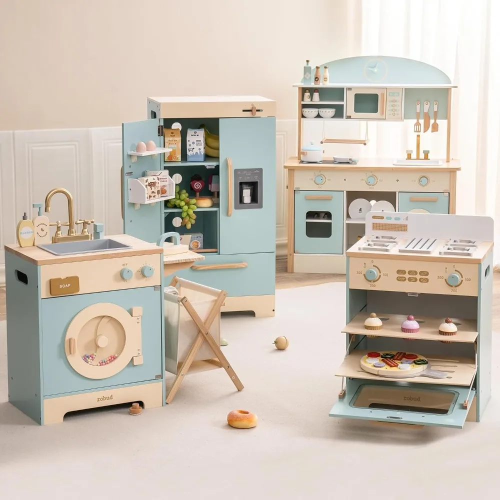 

Wooden Play Kitchen, Toddler Kitchen Playset with Oven, Fridge Washing Machine, Kids Kitchen Playset Gift for 3+ Year Old Boys
