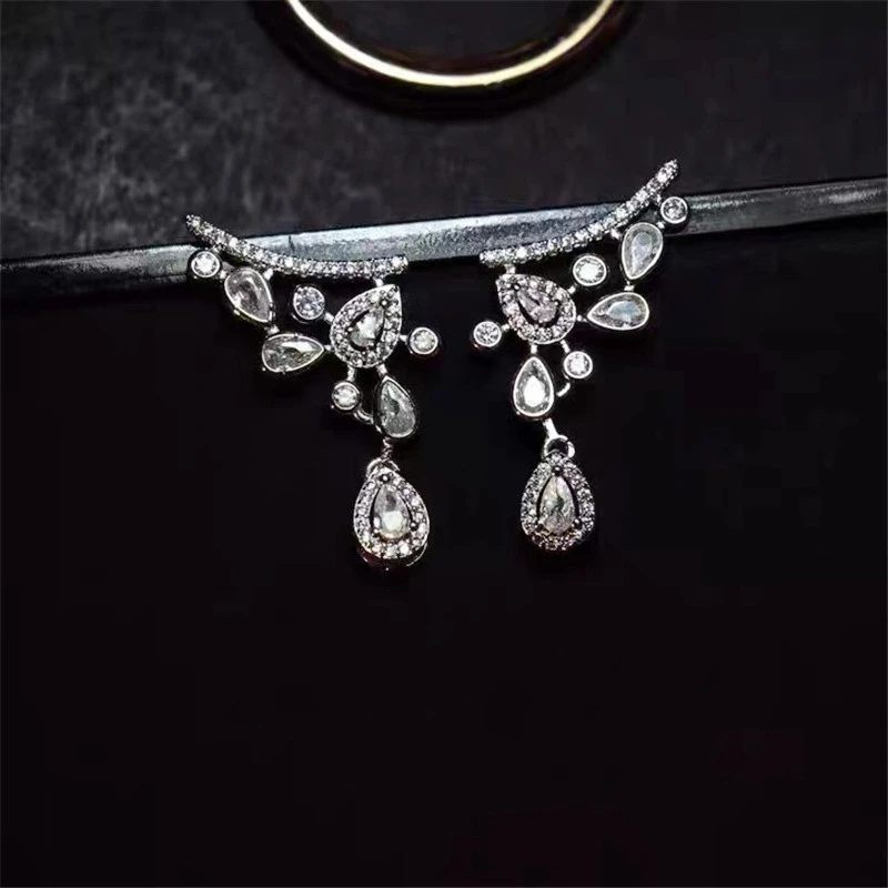 French elegant atmosphere drop-shaped white diamond earrings light luxury versatile commuting shopping sterling silver earrings