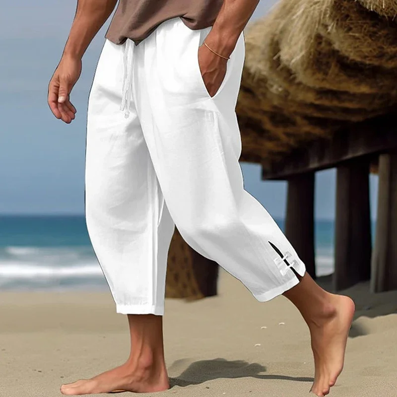 Seaside Beach Daily Leisure Mens Linen Pant Spring Summer Fashion Side Slit Design Thin Pant Men Casual Loose Three Quarter Pant